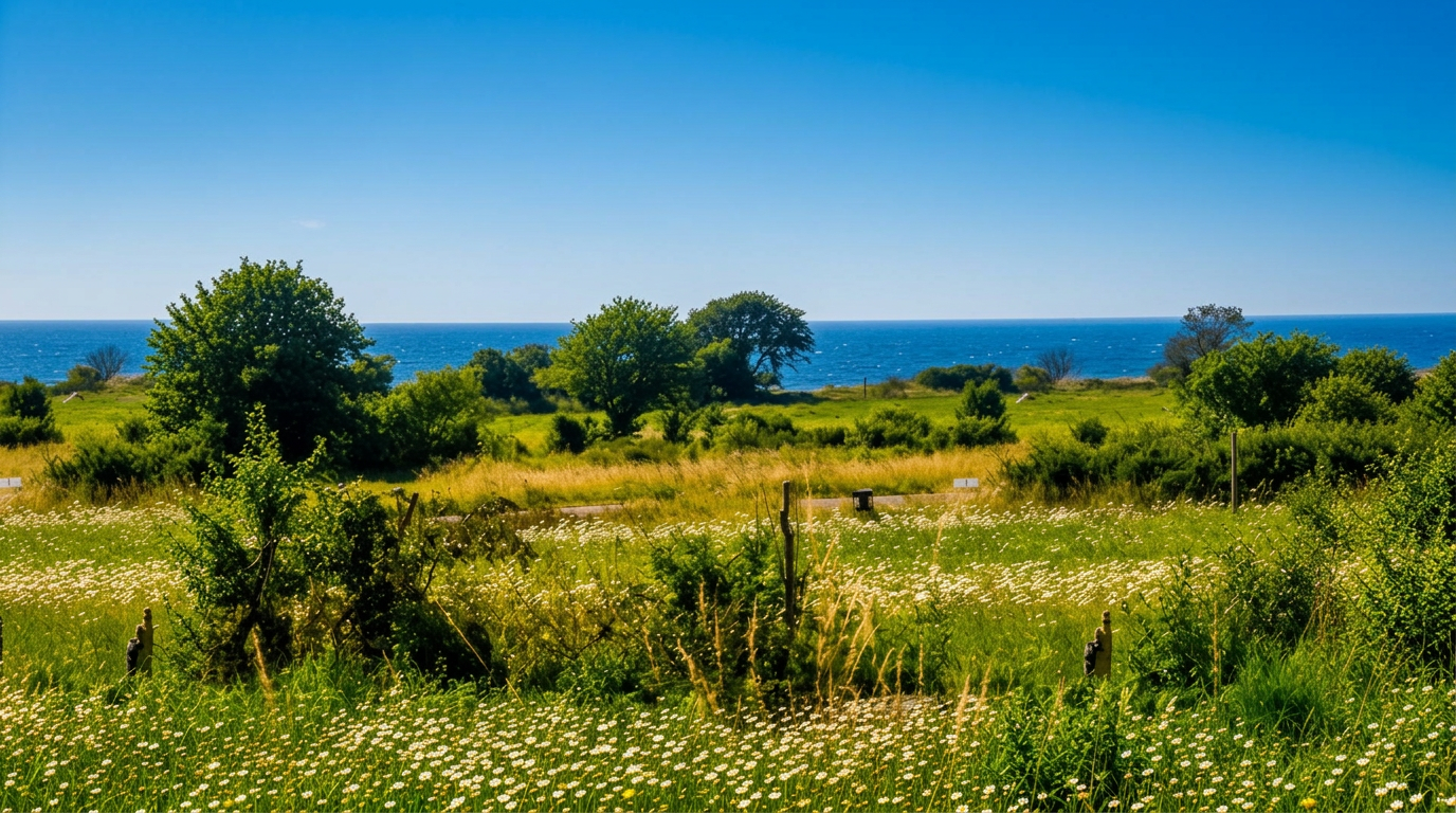 Västkustlandskap med äng, hav och blå himmel i Tofta, Gotland